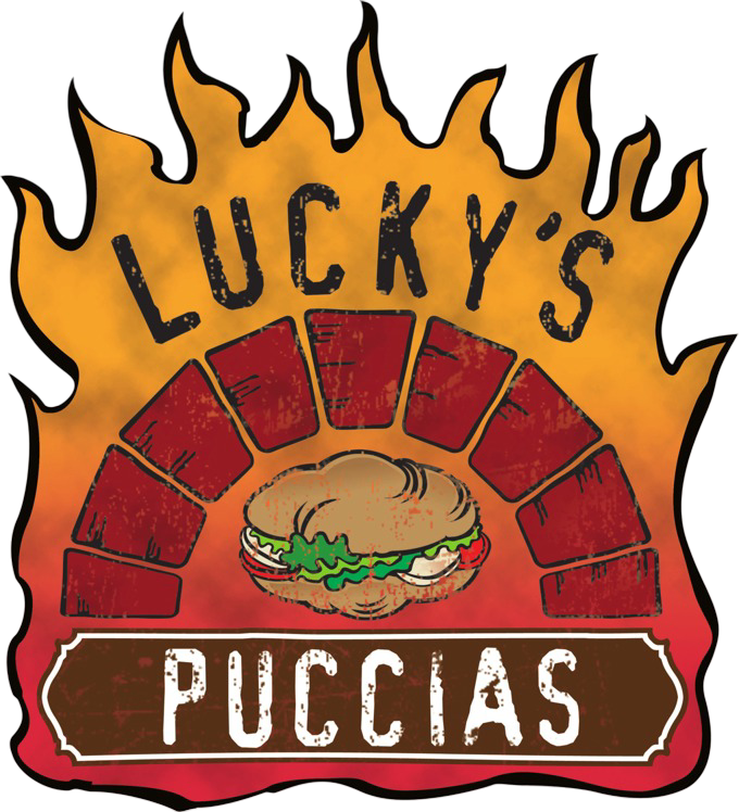 Lucky's Puccias — wood-fired oven logo wreathed in flame